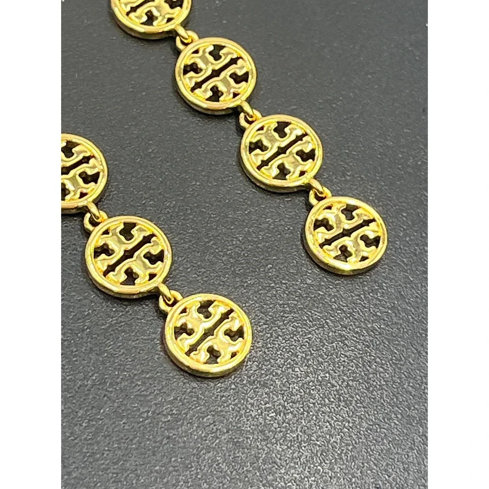 Tory Burch Gold Plated Logo Patchwork‎ Drop Linear Dangle Earrings With Backs